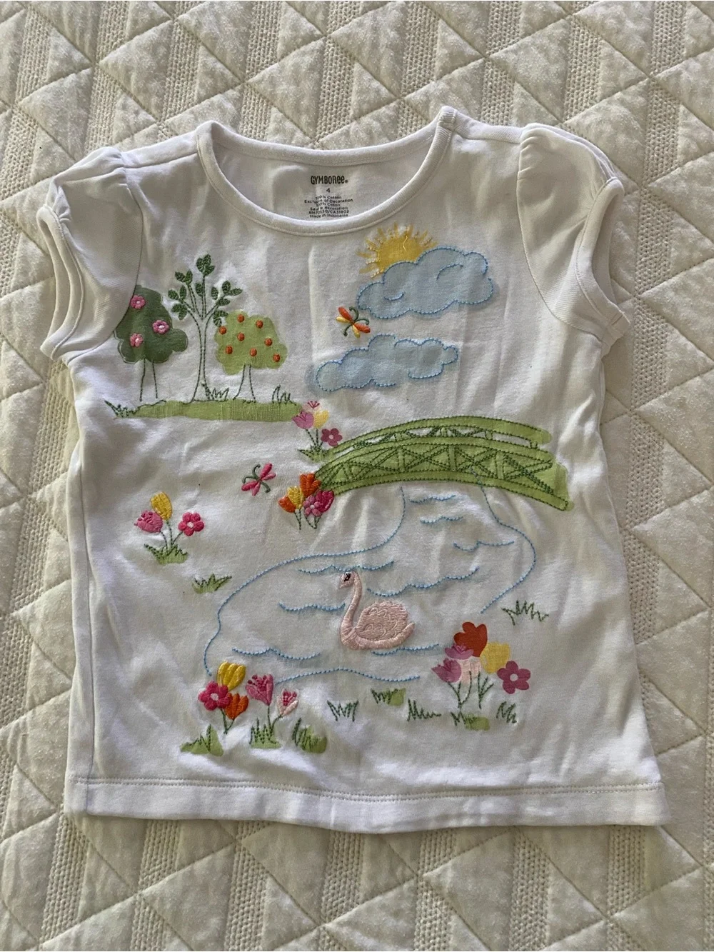 Gymboree White Short-Sleeve Tee with Embroidered Pond and Bridge